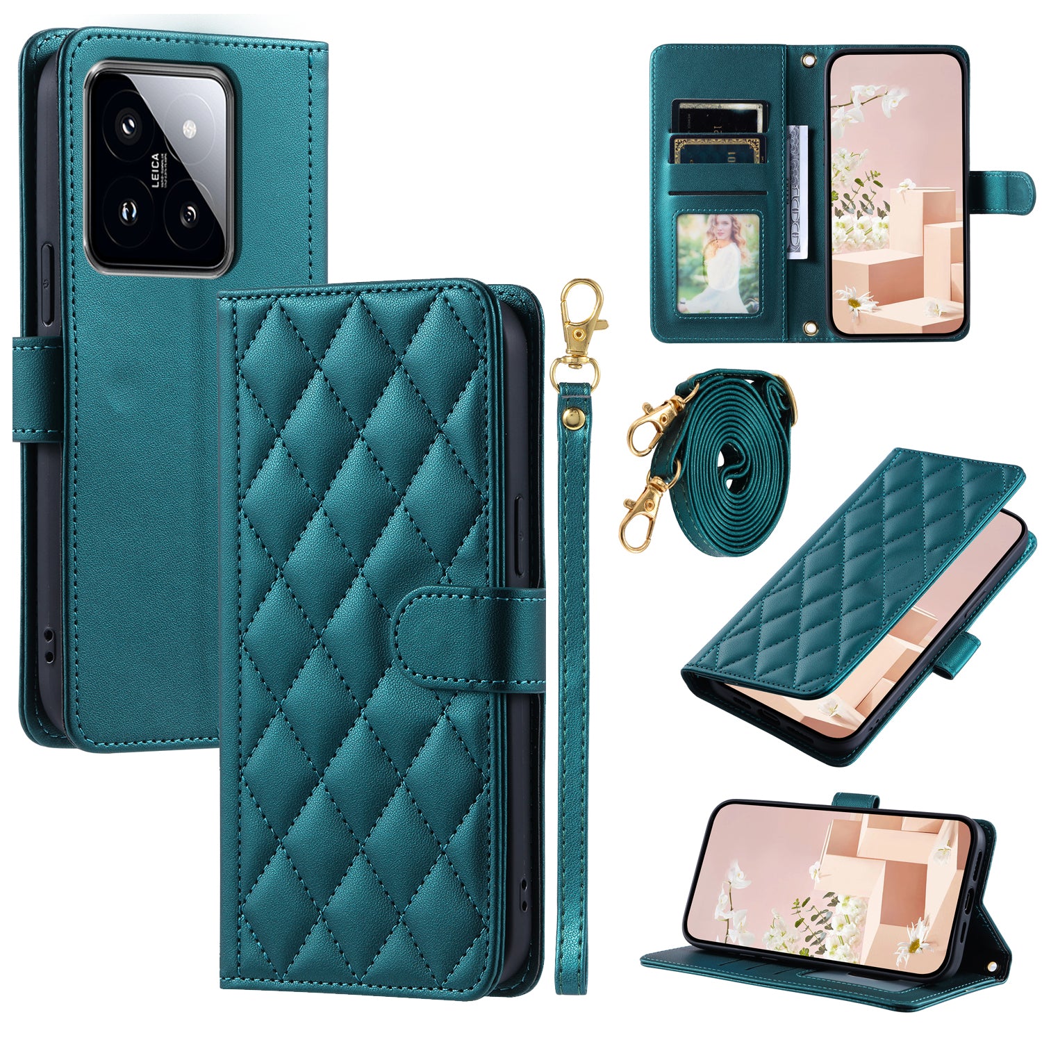 For Xiaomi 14 Pro Case Rhombus Grid Stand Phone Cover with Crossbody Lanyard For Xiaomi 14 Pro Case Rhombus Grid Stand Phone Cover with Crossbody Lanyard